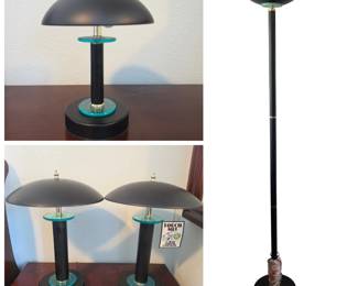 Lot #2 - Postmodern Black Metal Mushroom Touch Lamp Set with Floor and Table Lamps