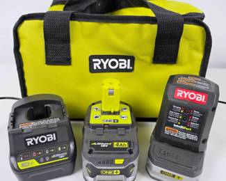 Lot #152 - Ryobi ONE+ 18V Lithium-Ion 4Ah Battery Pack with IntelliPort Charger, Ryobi One+ Battery and Charger, & Carrying Bag