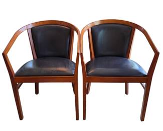 Lot #202 - Mid-Century Modern Style Beechwood Armchairs with Black Leather Upholstery