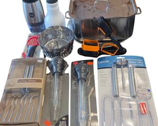 Lot #181 - Taylor Stainless Steel Turkey Lifters & Glass Baster Set with Roasting Pan and Kitchen Tools