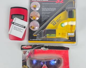 Lot #130 - Durabuilt Electronic Tape Measure with Laser Pointer, Stanley S2 Laser Level & Square, Virtua AO Safety Blue Mirror Safety Glasses