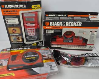 Lot #125 - Black & Decker AutoTape, Marksman Distance Measurer & Manual Laser Level with Crew Safety Glasses