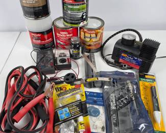 Lot #166 - MVP Pro-Tech 12V Air Compressor with Voltage Testers, Jumper Cables, and Bondo Auto Repair Kits & More
