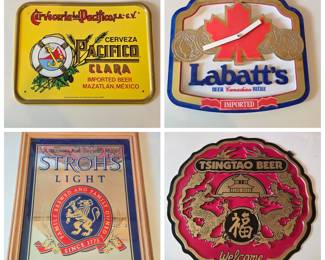 Lot #191 - Stroh's Light Framed Advertising Mirror, Tsingtao Beer & Labatt's Canadian Beer Clock, + Metal Cerveza Pacifico Sign