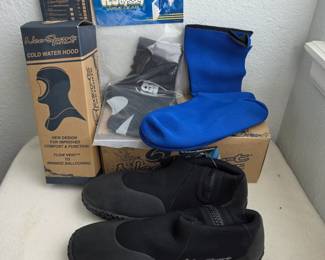 Lot #61 - NeoSport Cold Water Hood and Waterproof Dive Booties Plus H2Odessy Webbed Paddle Gloves for Scuba and Water Sports