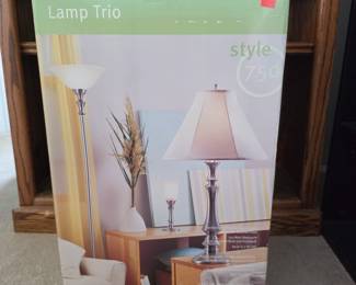 Lot #42 - Style 750 Lamp Trio Set Satin Nickel Finish - Table Lamp w/ Straight Sided Shade, Torchiere & Uplight w/ Frosted Glass