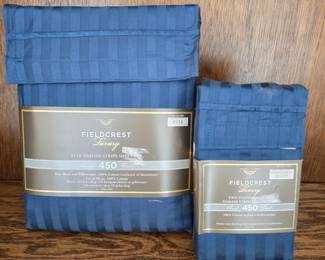 Lot #23 - Fieldcrest Luxury 450 Thread Count Full Damask Stripe Sheet Set with Standard/Queen Pillowcases - 100% Cotton