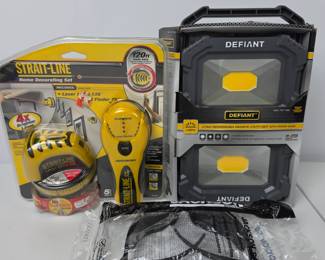 Lot #127 - Defiant Rechargeable Magnetic Utility Light Pair & Strait-Line 120ft Home Decorating Laser Level Set with Jackson Safety Glasses