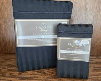 Lot #24 - Fieldcrest Luxury 450 Full Damask Stripe Sheet Set and Damask Stripe Pillowcases 100% Cotton Black
