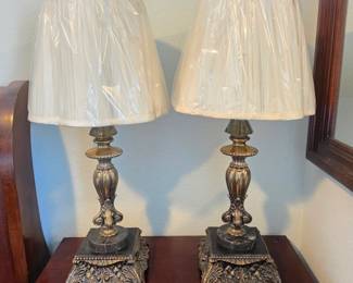 Lot #1 - Ornate Table Lamps with Decorative Metal Bases and White Fabric Shades
