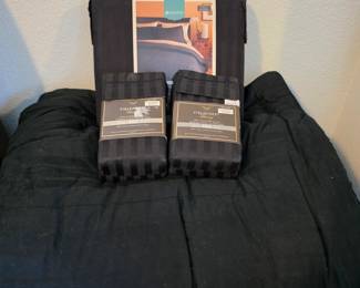 Lot #15 - Fieldcrest Luxury Black Damask Stripe Comforter & Pillowcases Standard/Queen Cotton + Target Home Duvet Cover & Shams