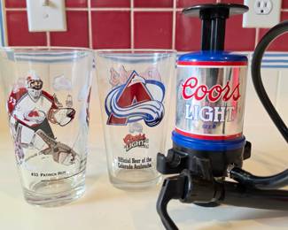 Lot #187 - Coors Light Colorado Avalanche Patrick Roy Hockey Glasses with Vintage Beer Keg Pump Tap