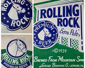 Lot #190 - Vintage Rolling Rock Premium Beer Extra Pale Metal Advertising Signs by Latrobe Brewing Co.