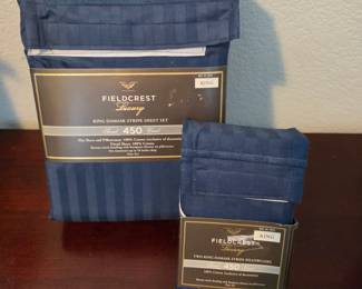 Lot #9 - New Fieldcrest Luxury King Damask Stripe Navy Blue Sheet Set and Pillowcases 450 Thread Count 100% Cotton