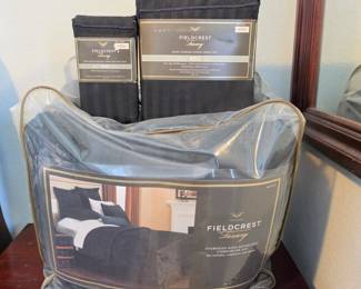 Lot #4 - Fieldcrest Luxury King Damask Stripe Reversible Comforter & 450 Thread Count Sheet Set and Pillowcases - 100% Cotton