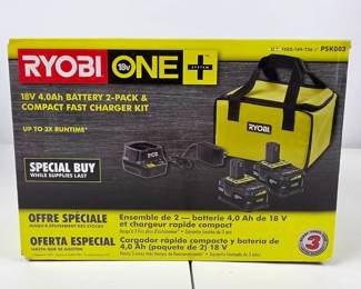 Lot #155 - Ryobi One+ 18V 4.0Ah Battery 2-Pack with Compact Fast Charger and Carrying Bag