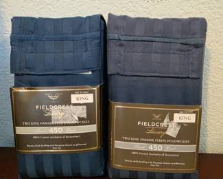 Lot #12 - Four Fieldcrest Luxury King Size Damask Stripe Navy Blue Pillowcases 100% Cotton