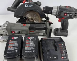 Lot #146 - PORTER-CABLE 18V Cordless Power Tool Set with Charger and Batteries - Drill, Circular Saw & Grinder