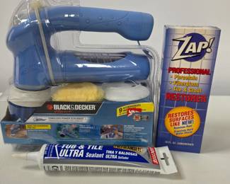Lot #215 - Black & Decker Home Cordless Power Scrubber with ZAP! Professional Restorer and Loctite Tub & Tile Ultra Sealant