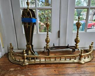 Vintage Brass Peacock Fire Guard Screen - Folding Fan, Vintage Brass fireplace Fender and Vintage Brass fireplace Andirons