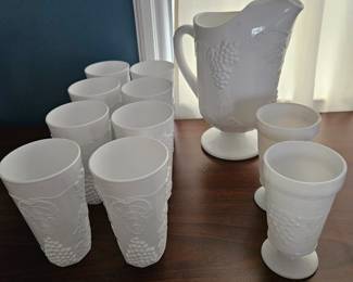 Vintage Indiana Milk Glass Colony Harvest Grape Pitcher, 8 Tumbers and 2 Stemmed cups