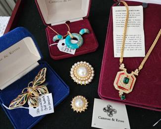 Camrose & Kross Jacqueline B Kennedy Emerald Briolette, Butterfly Pin/Pendant, Enamel Earrings and Necklace set and Pearl Brooches in 2 sizes