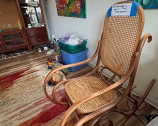 Bentwood rocker, hand tied rug