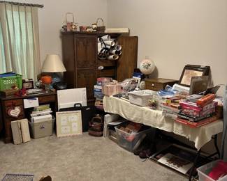 Armoire, office supplies, art supplies, Gone with the wind Lamp, puzzles, games, small file cabinet