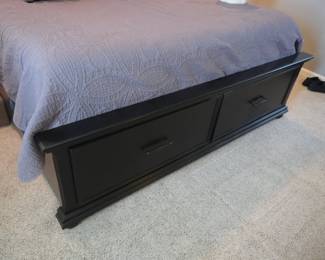 King bed frame with footboard storage drawer. Carpeted pet stairs.
