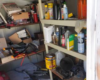 Bins, toolboxes, tarps, fire extinguisher, automotive/shop chemicals.