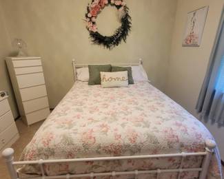 White metal pedestal bed (Full),  Full mattress, Full rose quilt, pillows, full bed skirt