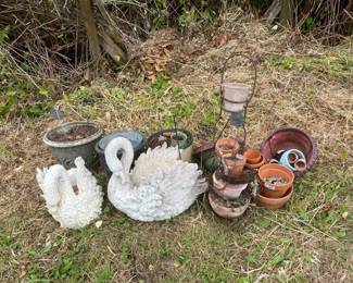 Polystone Garden Swan Planters With Clay Pots  More