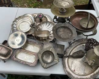 Lot Of Vintage Silver Plated Serving Pieces Trays Tea Kettle  More