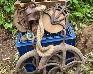KnotPuller Wood  Cast Iron Barn Pulleys  Two Well Pulleys With Rusty Snips