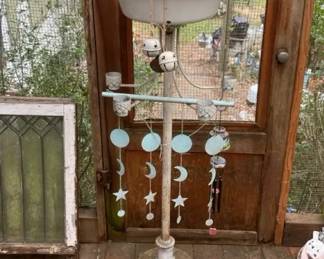 Repurposed Pedestal PlanterBird Bath With Hanging Decor And Bells