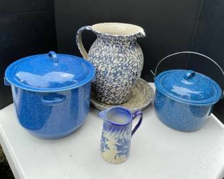Vintage Casey Pottery Pitcher Blue  White Creamer Made In England  Speckled Enamelware Pots