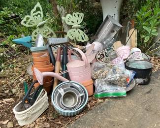 Garden Lot Full Of Planters Rocks Metal Decor  Clay Pots