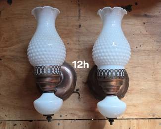 Pair of milk glass wall sconces with hobnail shades