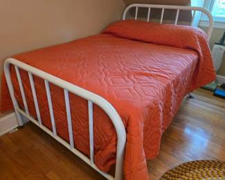 Vintage full size white metal bed: headboard, footboard and side rails