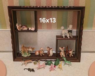 Wood shadow box with mini glass and porcelain animals