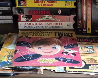 Vintage 45s, cassettes, 8-track and VHS tapes and CDs