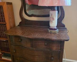 Antique tiger oak dresser and mirror, vintage porcelain floral lamp