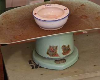 Vintage baby scale and porcelain bowl