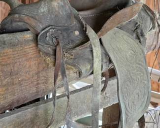 Horse saddle as found in barn