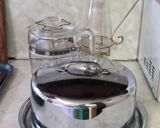 Vintage chrome cake taker and Pyrex coffee pots