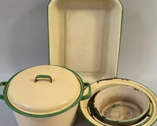 Vintage green trim enamelware