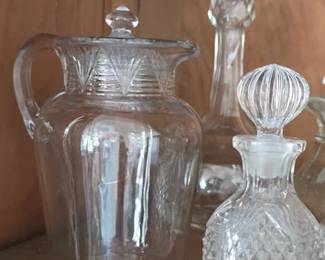 Vintage glass pitchers, cruets, decanters and candy dishes
