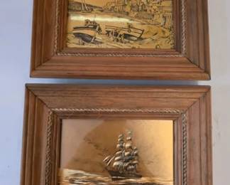 Pair of framed metal etchings