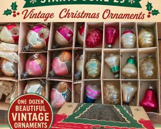 Boxes of vintage glass Christmas ornaments in original boxes