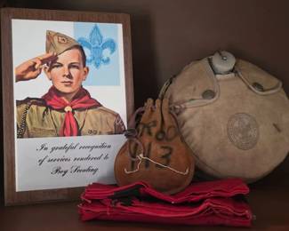 Boy Scouts canteen, scarf, plaque and troop pouch (with rocks inside!)